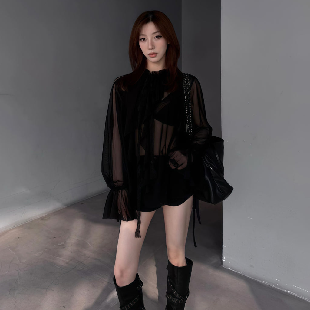Ruffle Sheer Long-Sleeve Top