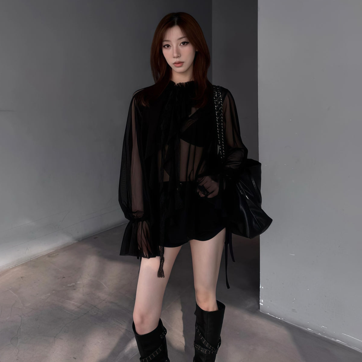 Ruffle Sheer Long-Sleeve Top
