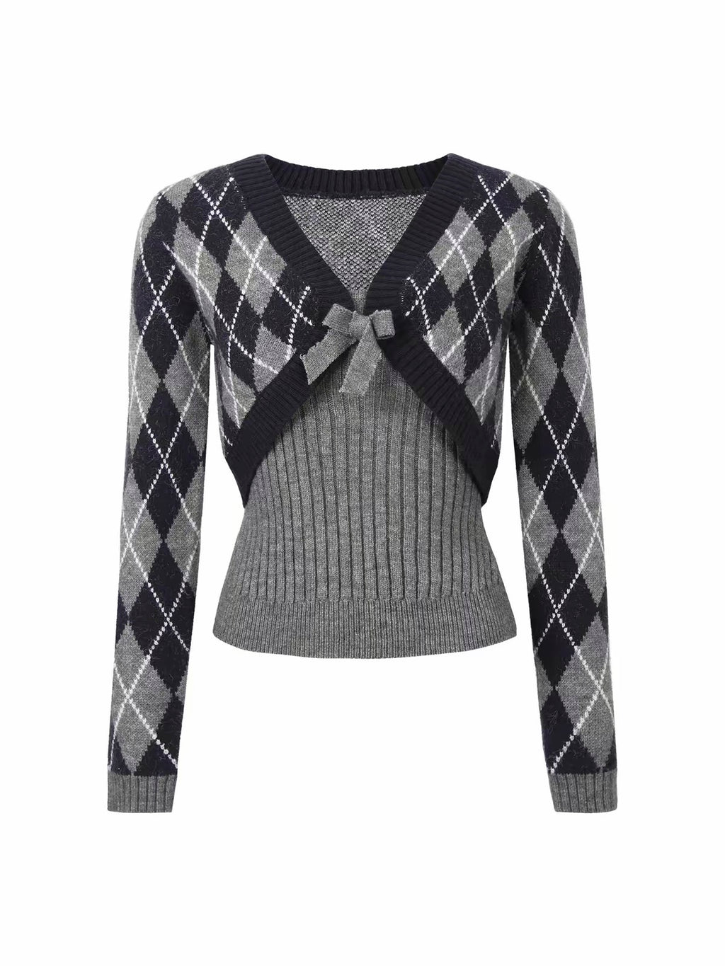 Grey Ribbon Indigo Argyle Sweater Set