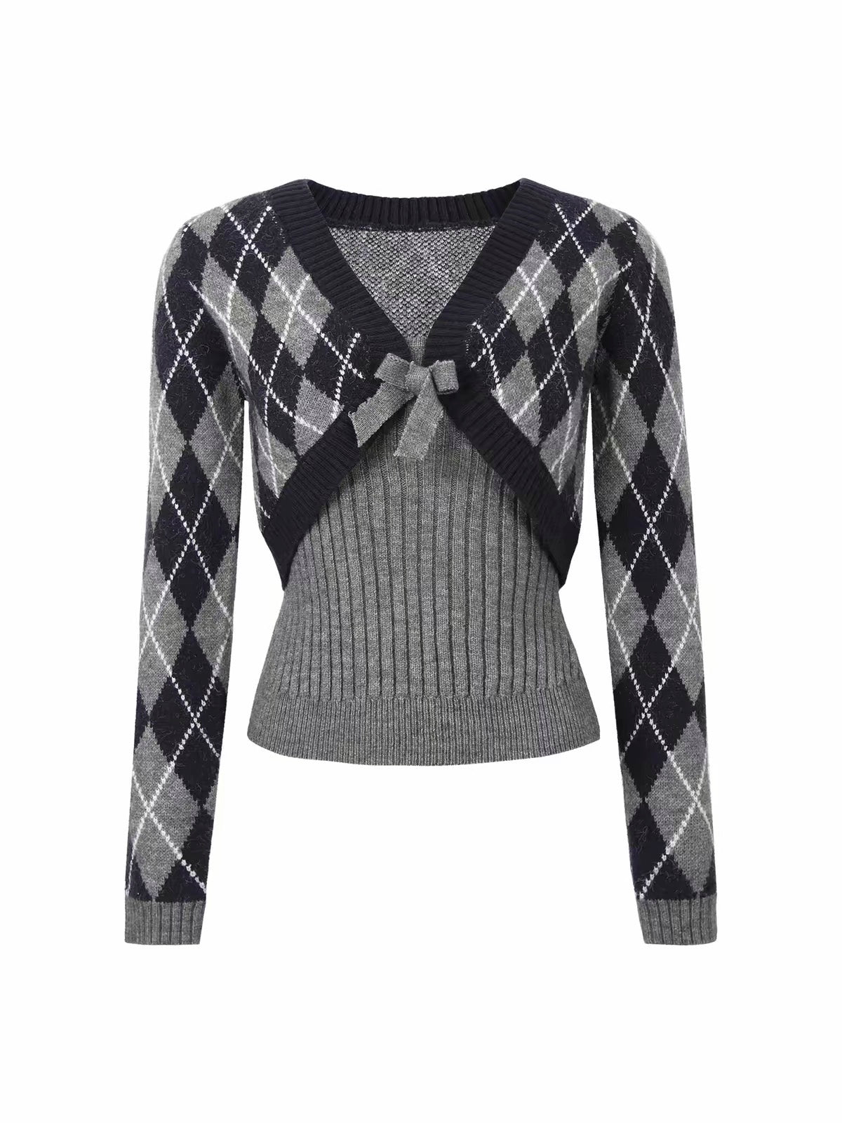 Grey Ribbon Indigo Argyle Sweater Set