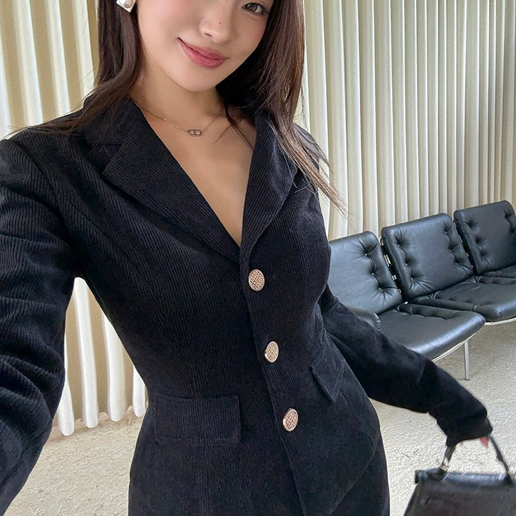 Gold Button Ribbed Fabric Blazer Skirt Set