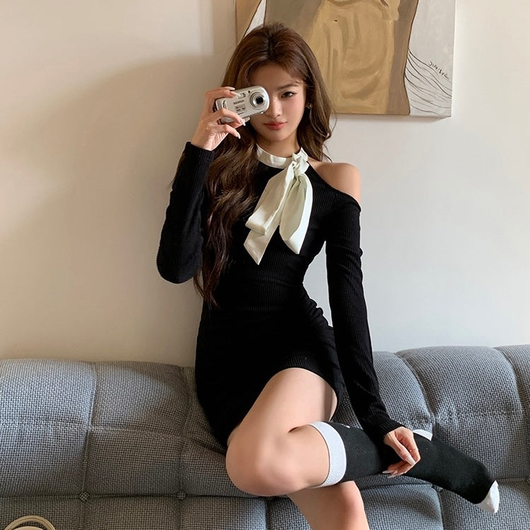 Ribbon Neck Tie Black Dress