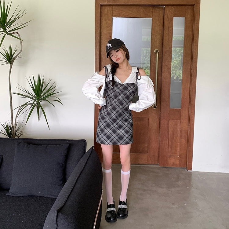Layered Grey Plaid White Sleeve Dress