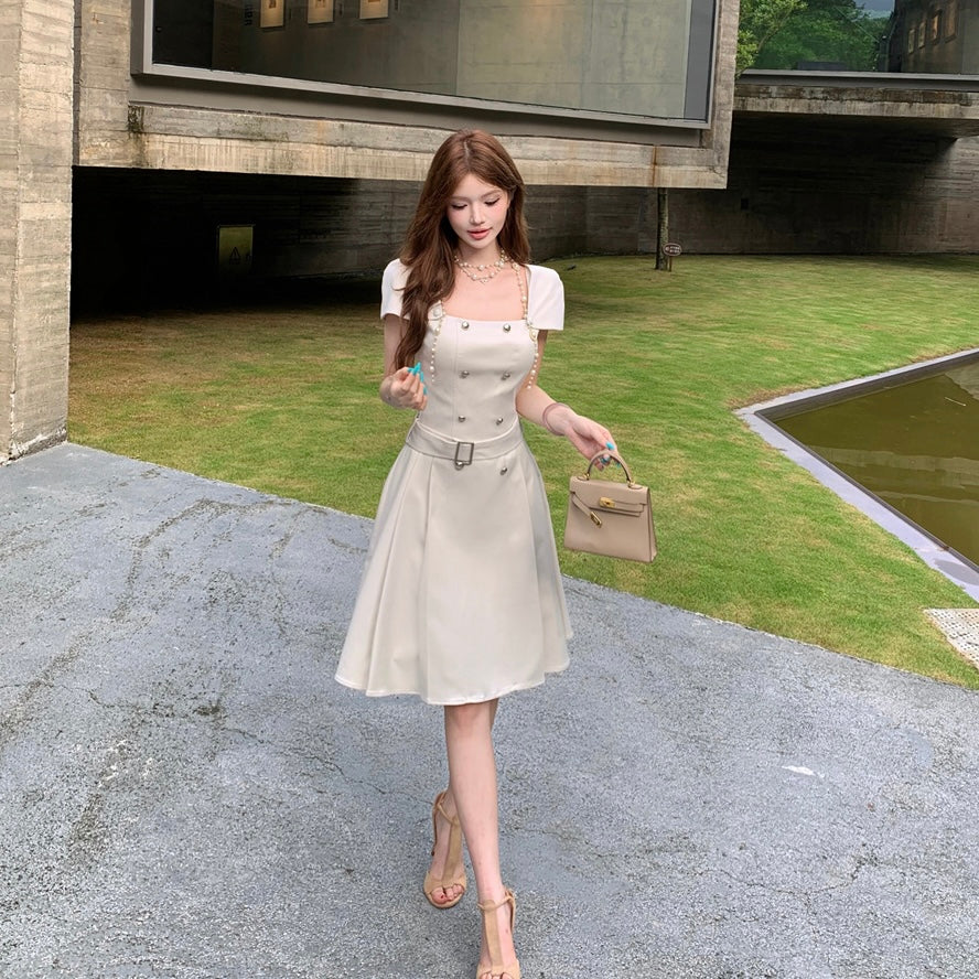 Cream Luxury Golden Button Belt Dress