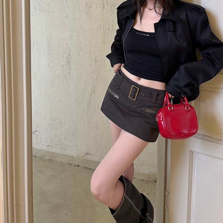 Khaki Buckle Belt Mini Zip Pocket Skirt