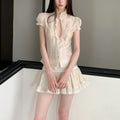 Beige Sheer High Collar Puff Sleeve Skirt Set