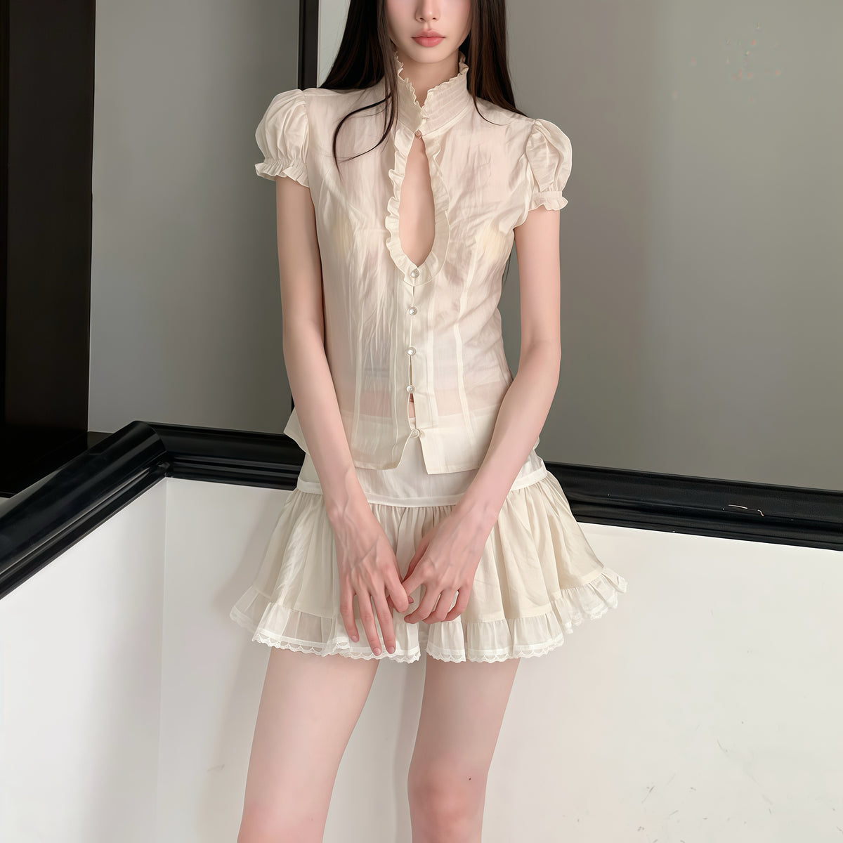 Beige Sheer High Collar Puff Sleeve Skirt Set