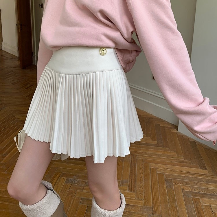 Thick Pleated Gold Button Skirt