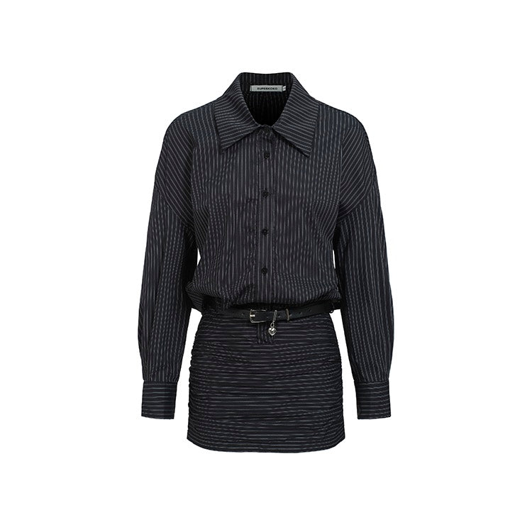 Black Line Shirt Belt Skirt Set