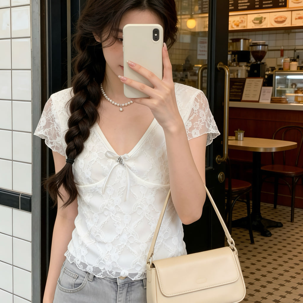 White Lace Layer Short-Sleeve Top