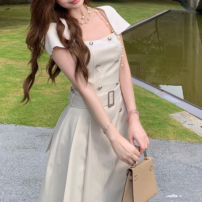 Cream Luxury Golden Button Belt Dress