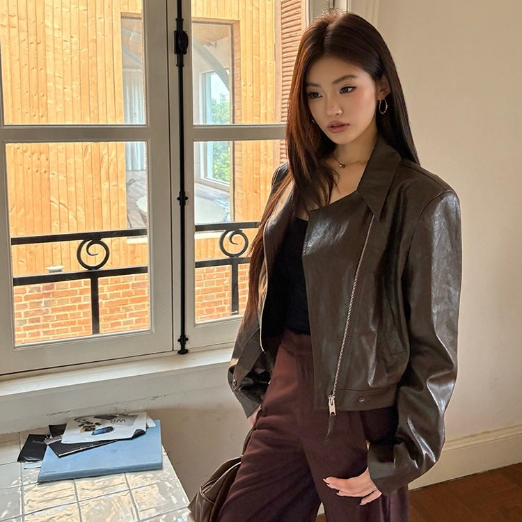 Brown Crop Faux Leather Zip Jacket