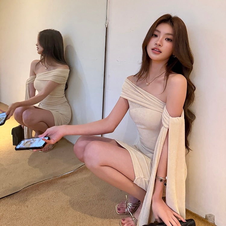 Beige Off-Shoulder Knot Tie Sleeve Dress