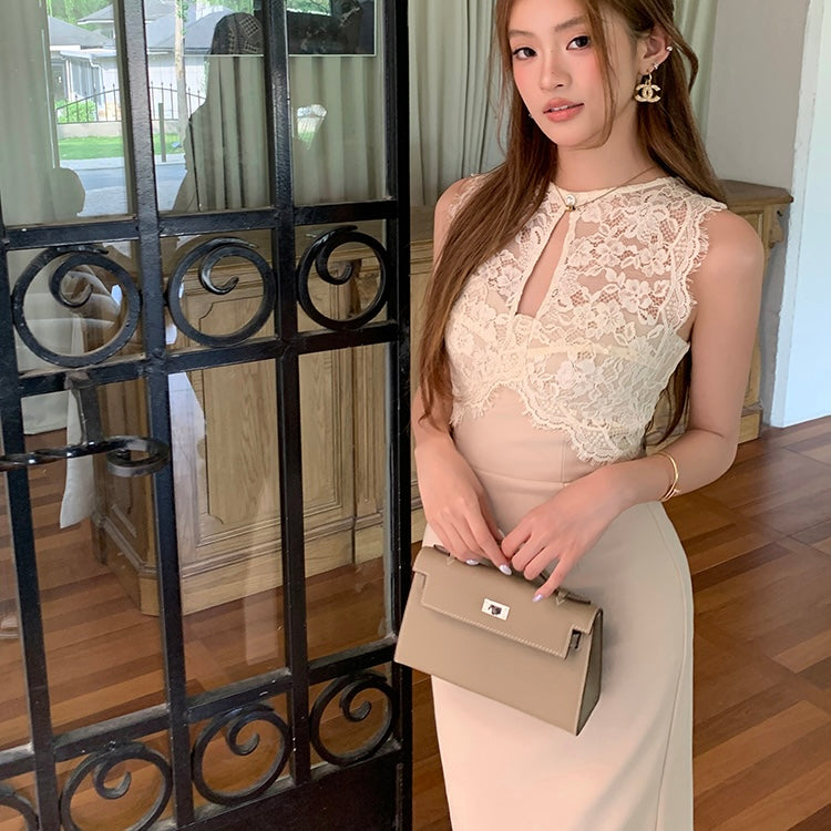 Beige Lace Front Halter Pencil Dress