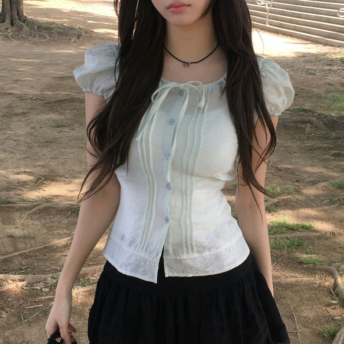 Ribbed Puff Sheer Short Sleeve Top