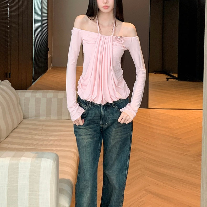 Pink Halter String Off-Shoulder Top