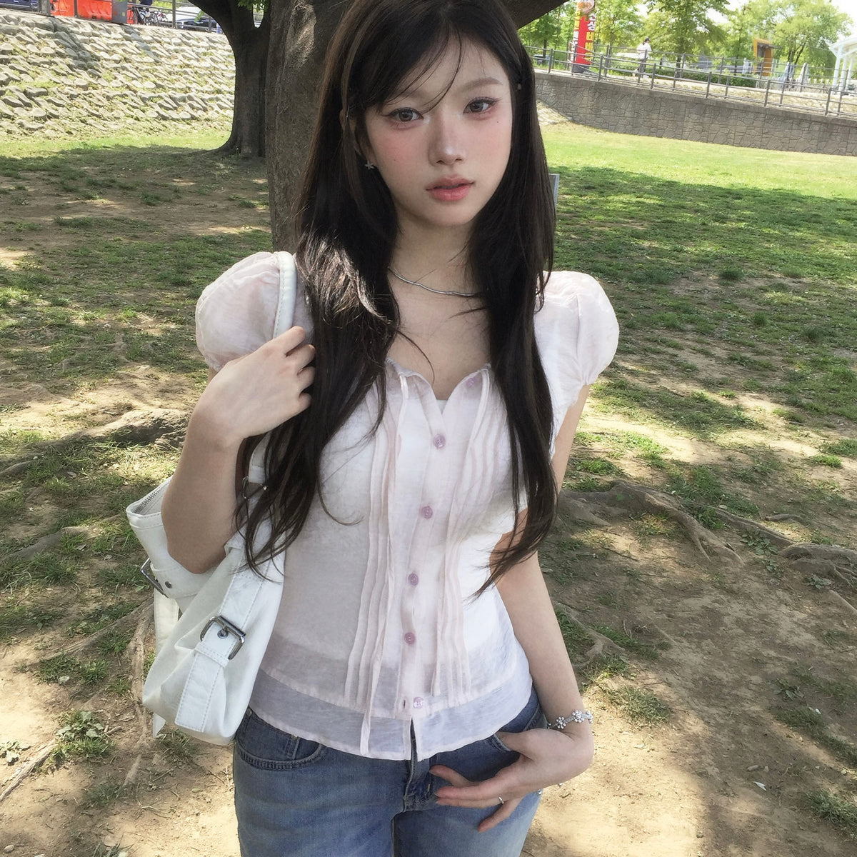Ribbed Puff Sheer Short Sleeve Top