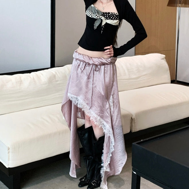 Lilac Silk Lace Trim Asymmetric Long Skirt