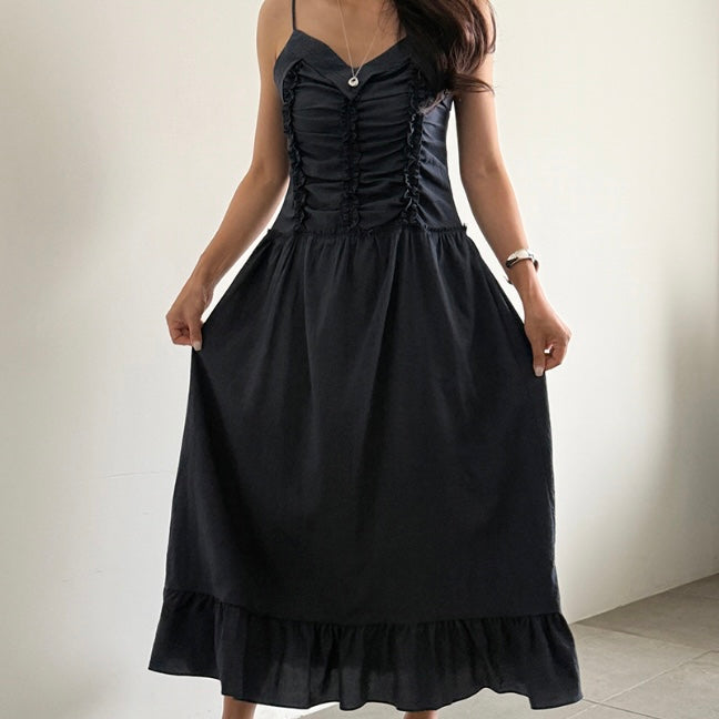 Front Triple Line Ruffle Maxi Dress