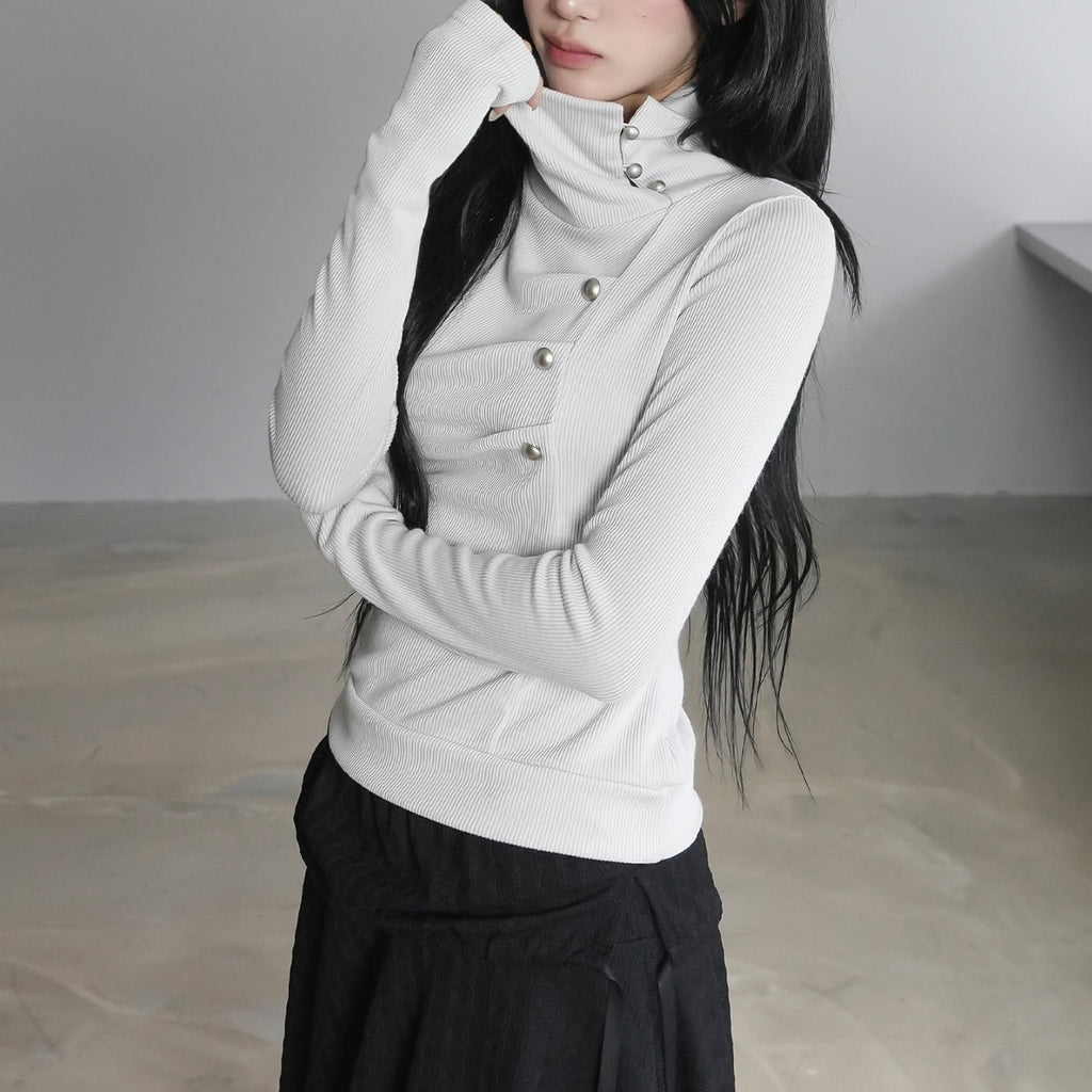 Knit White Turtle Neck Side Button Top