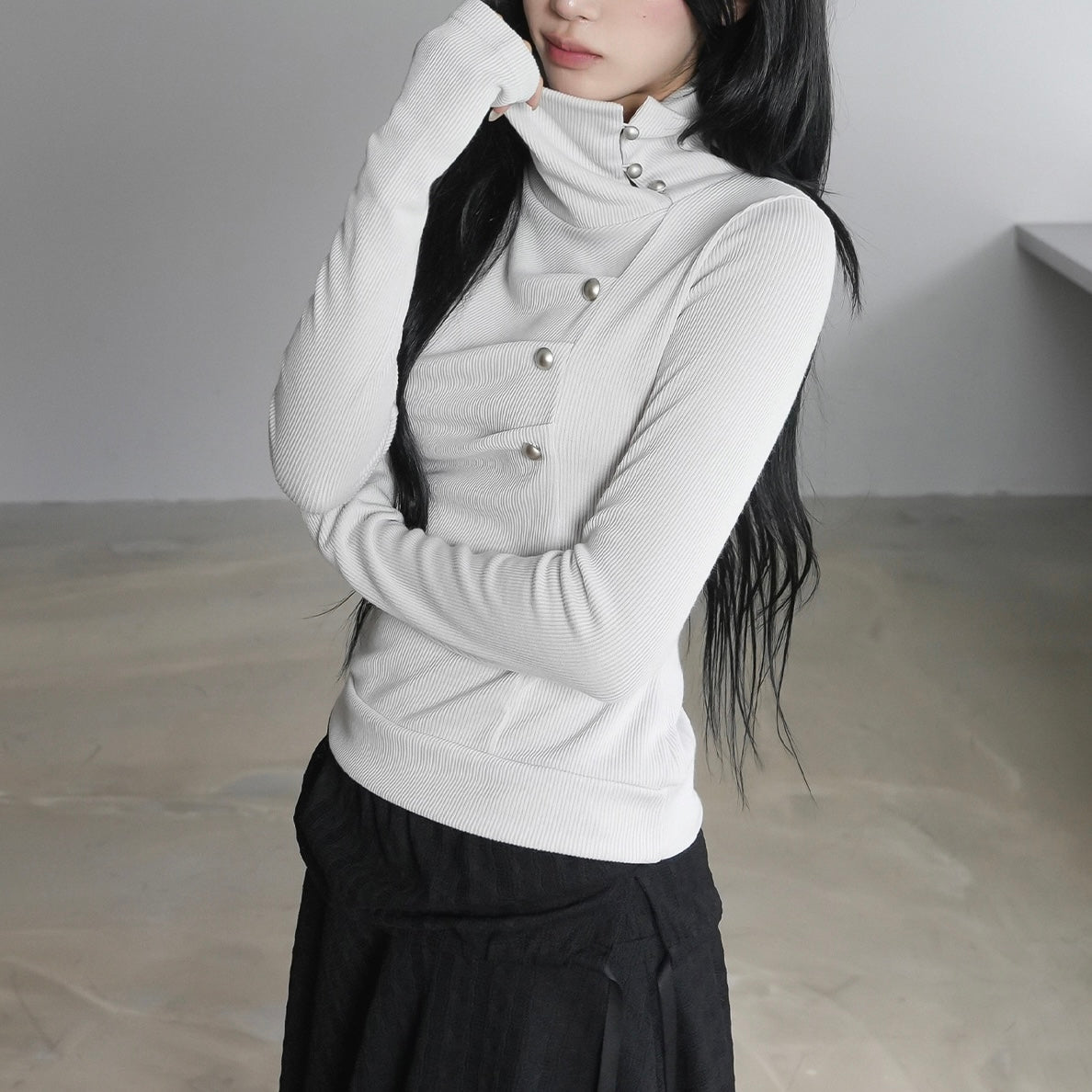 Knit White Turtle Neck Side Button Top