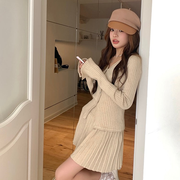 Knit Button-Up Sweater Pleated Skirt Set