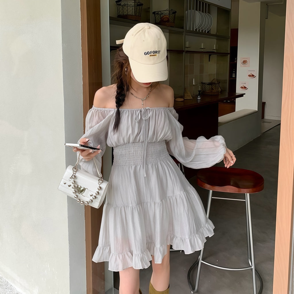 Grey Puff-Sleeve Boho Ruffle Dress
