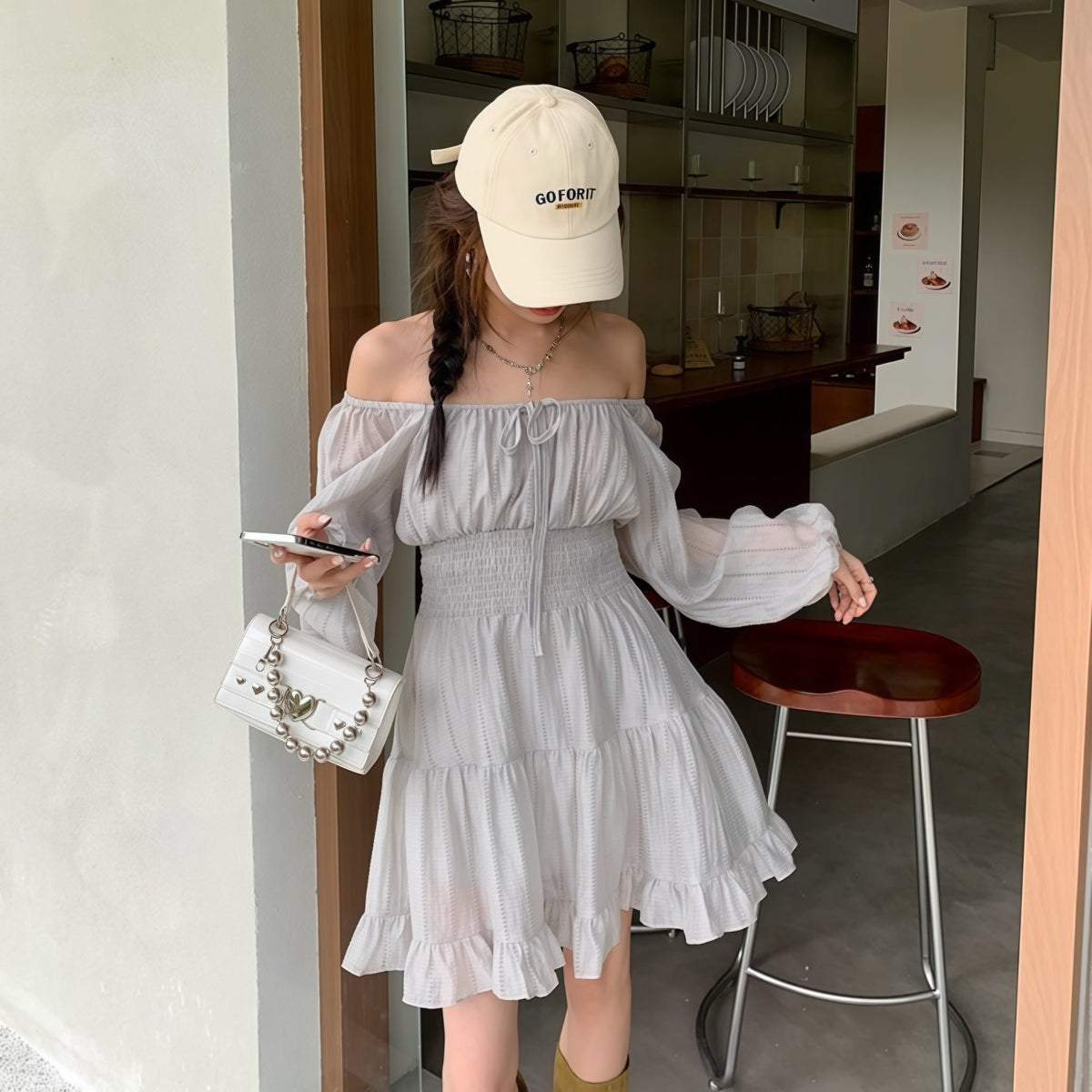 Grey Puff-Sleeve Boho Ruffle Dress