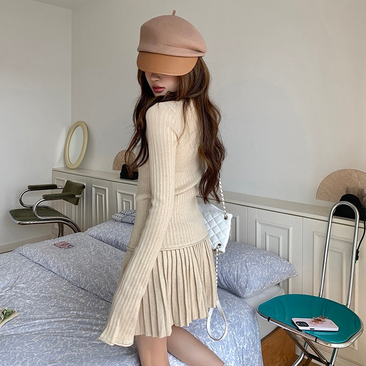 Knit Button-Up Sweater Pleated Skirt Set