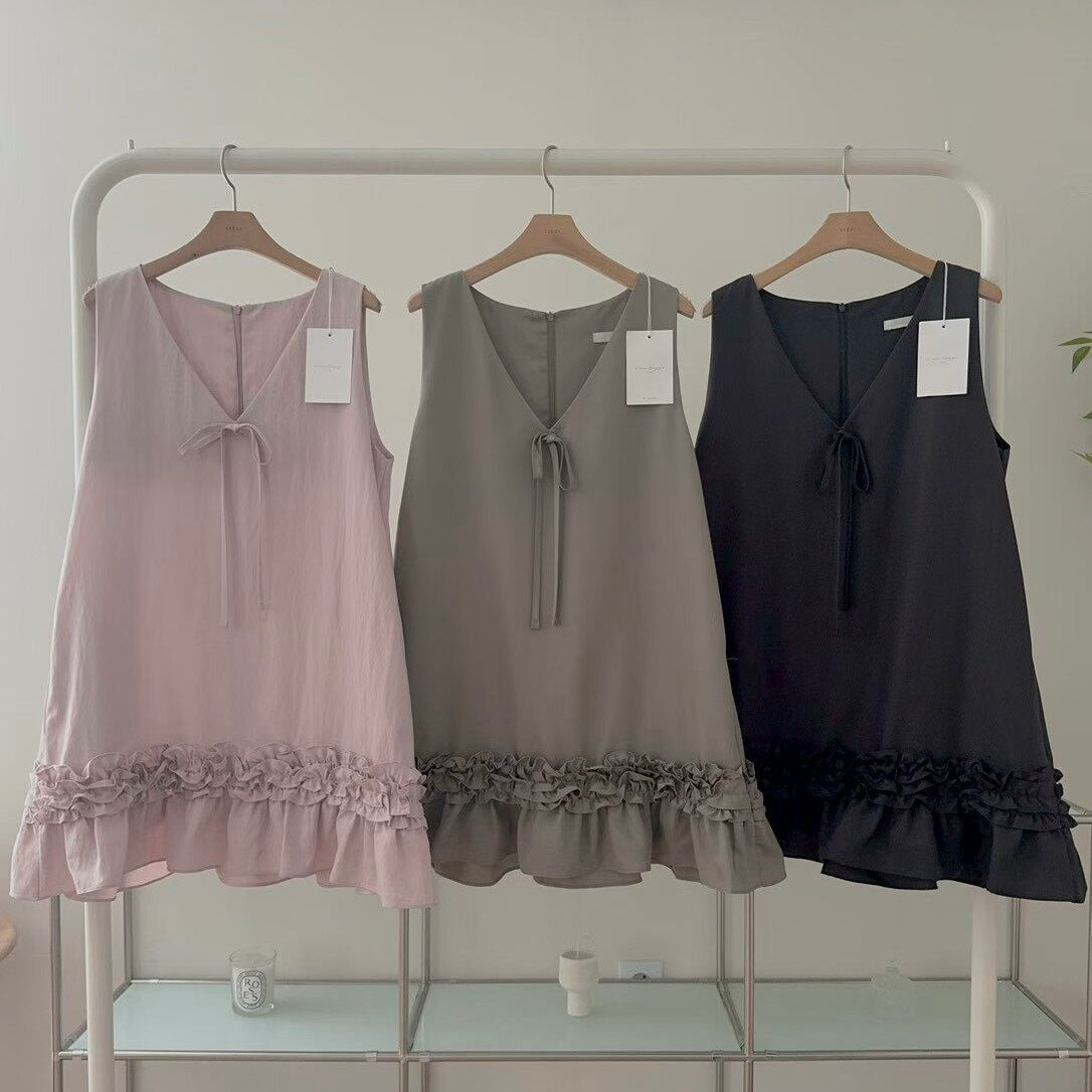V-Neck Satin Ruffle Hem Slip Dress