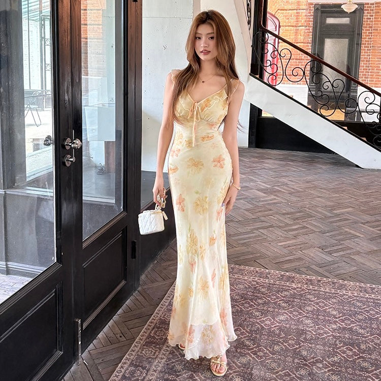 Yellow Light Floral Ruffle Maxi Dress