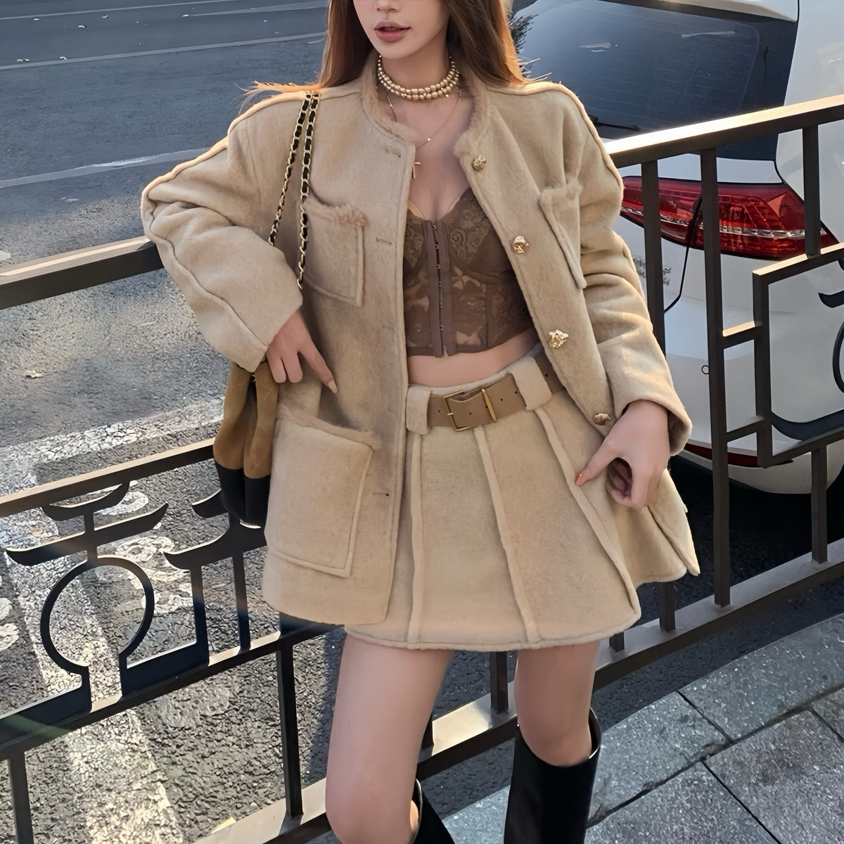 Tan Wool Coat Belt Skirt Set
