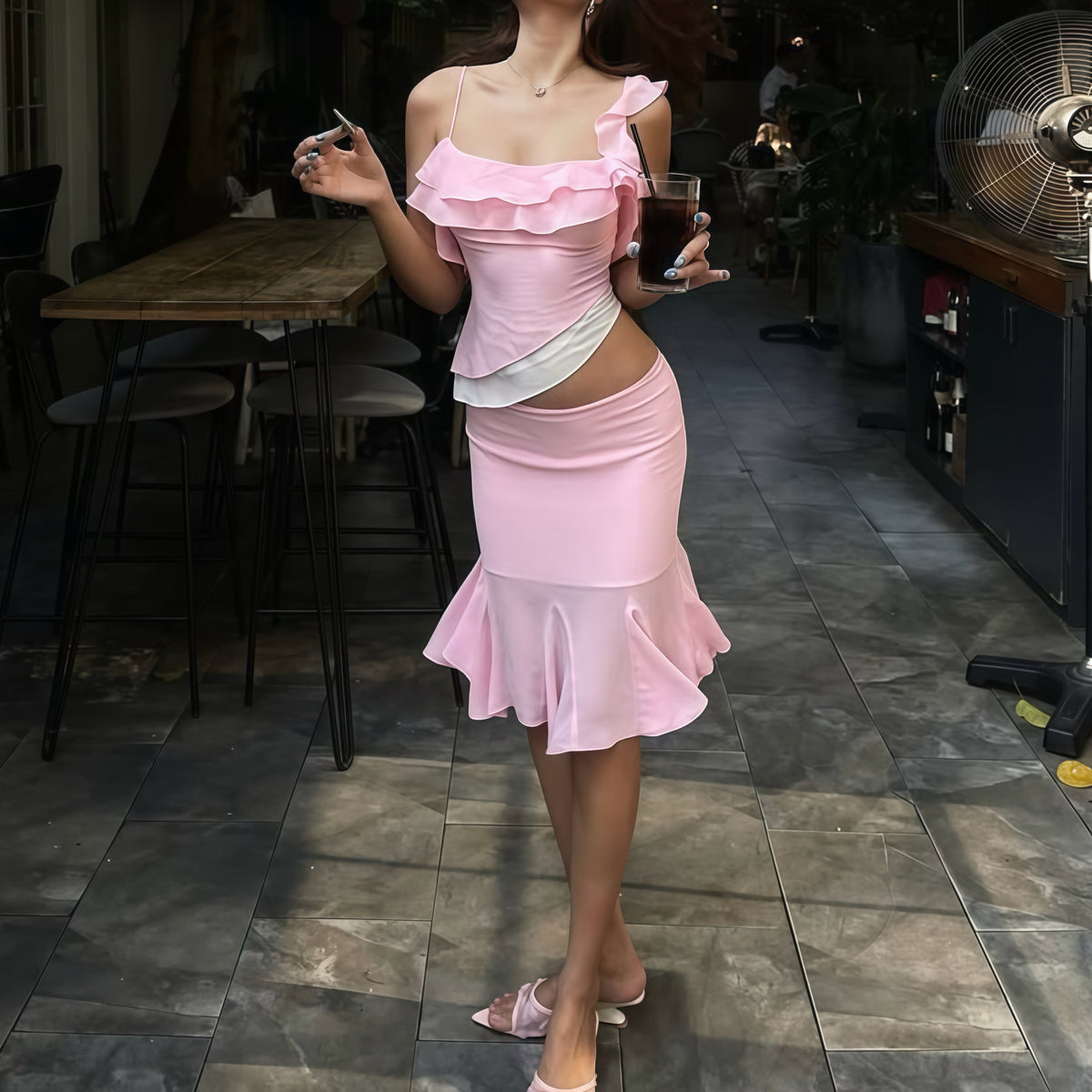 Pink Ruffle Camisole Sheer Hem Skirt Set