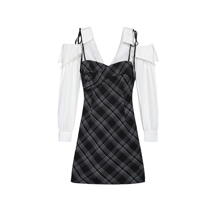 Layered Grey Plaid White Sleeve Dress