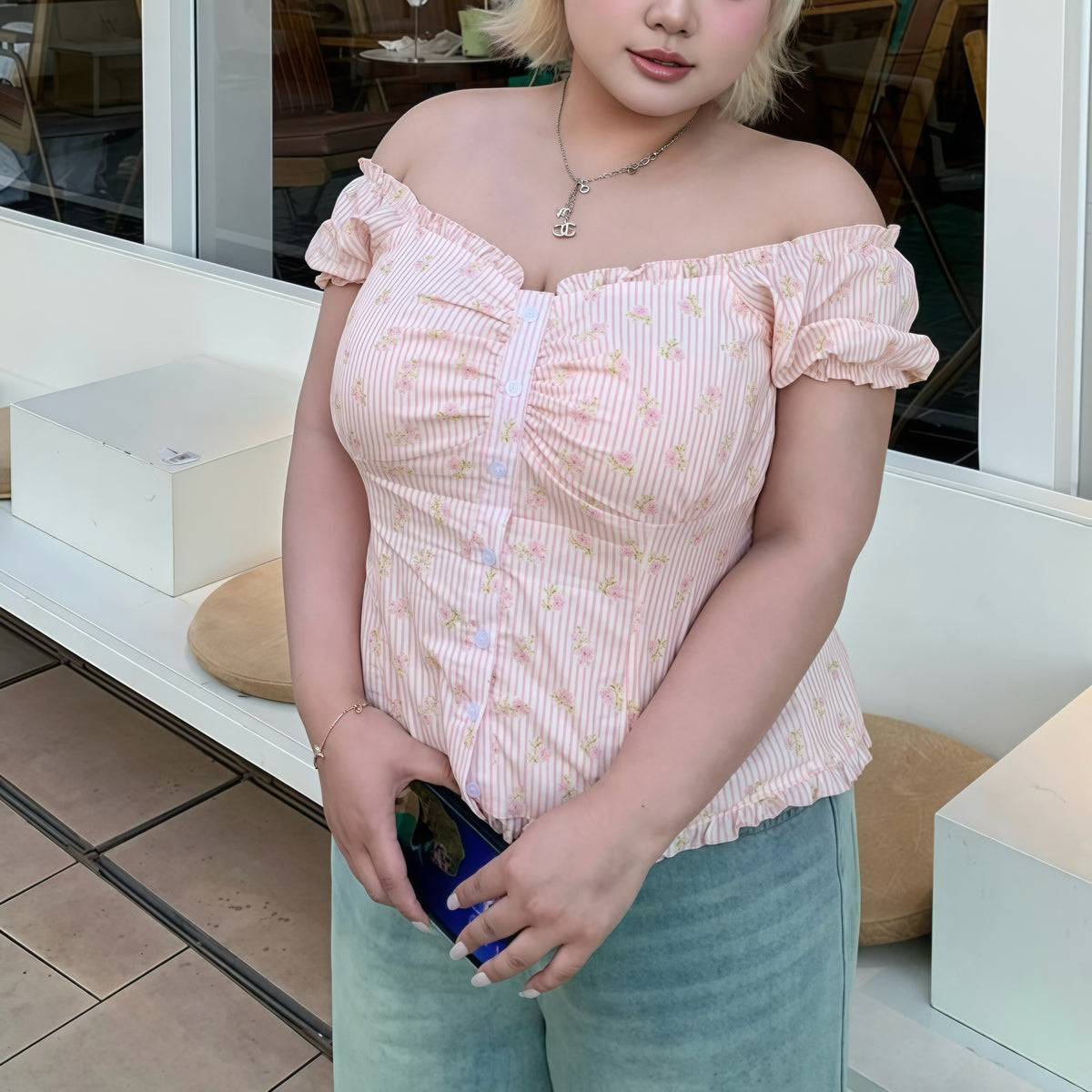 Floral Pink Off-Shoulder Puff-Sleeve Top