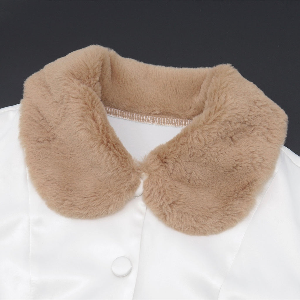 White Button-Up Puff Sleeve Fleece Collar Top