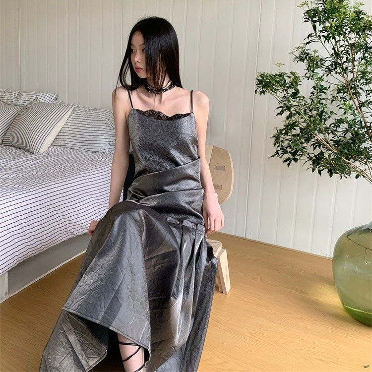 Gothic Charcoal Slip Pleated Long Dress