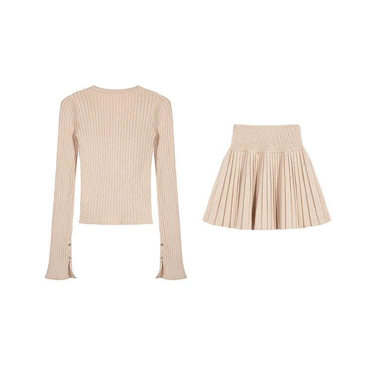 Knit Button-Up Sweater Pleated Skirt Set