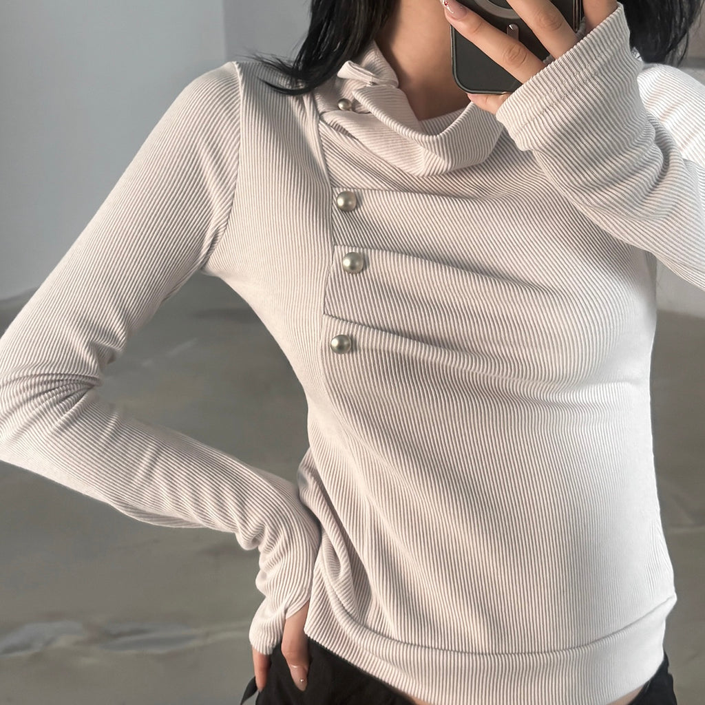 Knit White Turtle Neck Side Button Top
