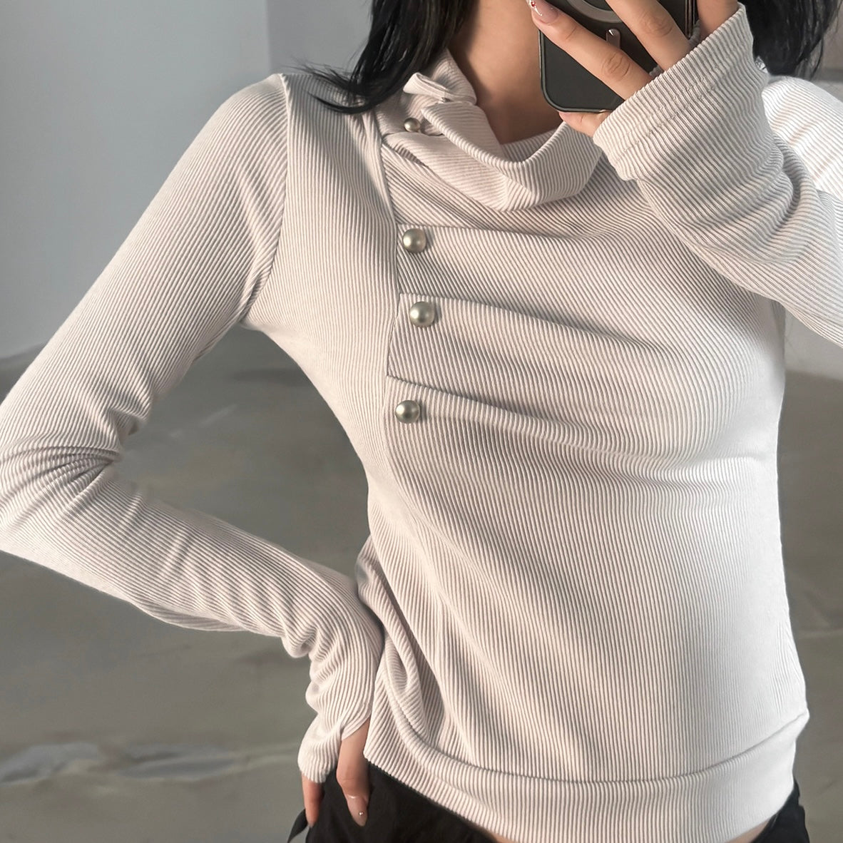 Knit White Turtle Neck Side Button Top