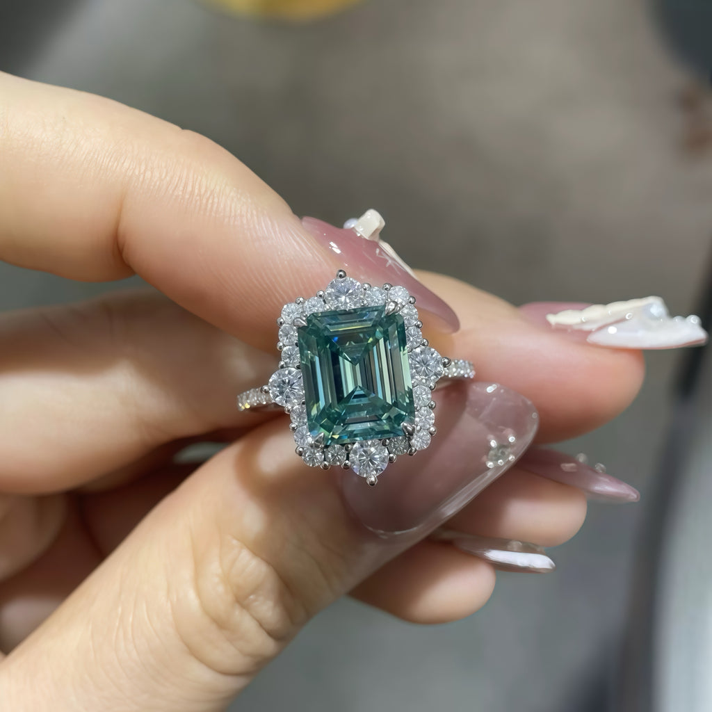 Emerald Cut Green Moissanite Diamond Ring