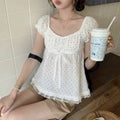 Beige Polka Dot Puff-Sleeve Top