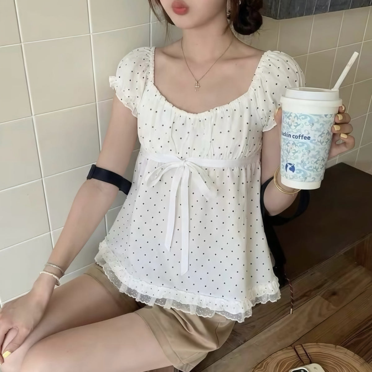 Beige Polka Dot Puff-Sleeve Top