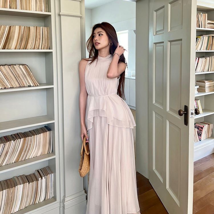 Beige Pleated Maxi Halter Dress