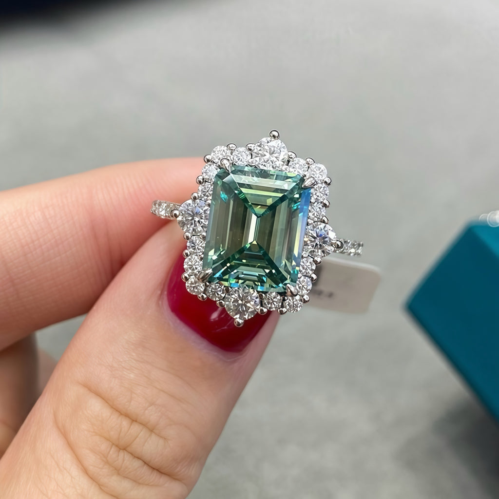 Emerald Cut Green Moissanite Diamond Ring