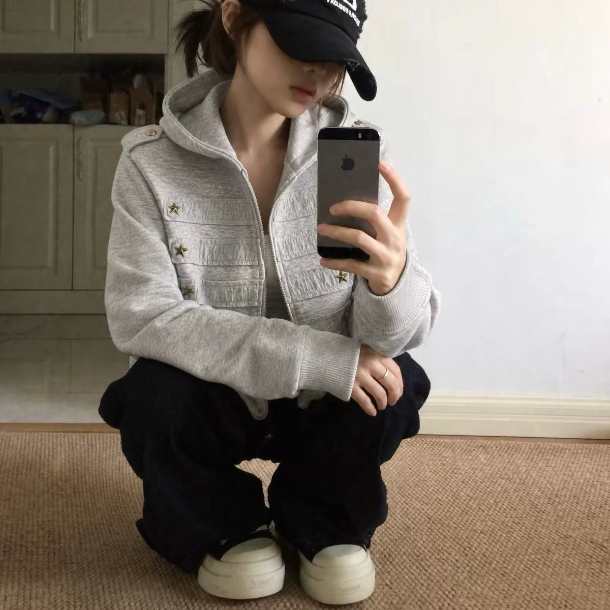 Grey Star Stud Zip Hoodie