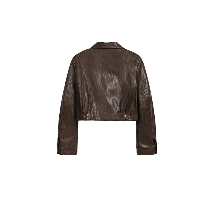 Brown Crop Faux Leather Zip Jacket