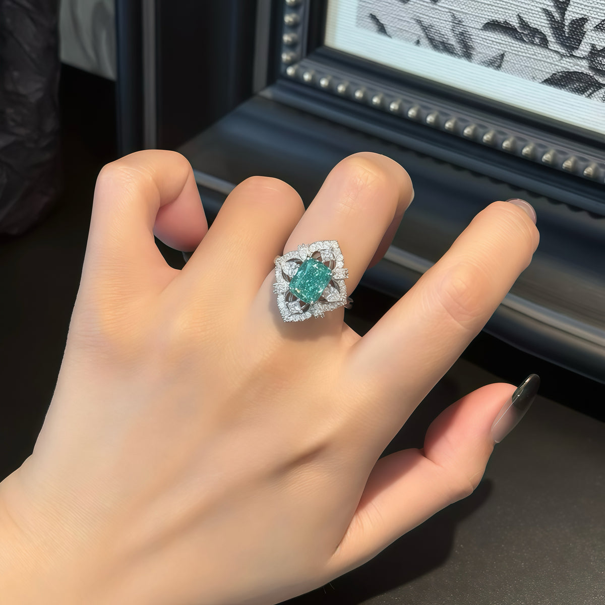 Tourmaline 2ct Cushion Flower Diamond Ring