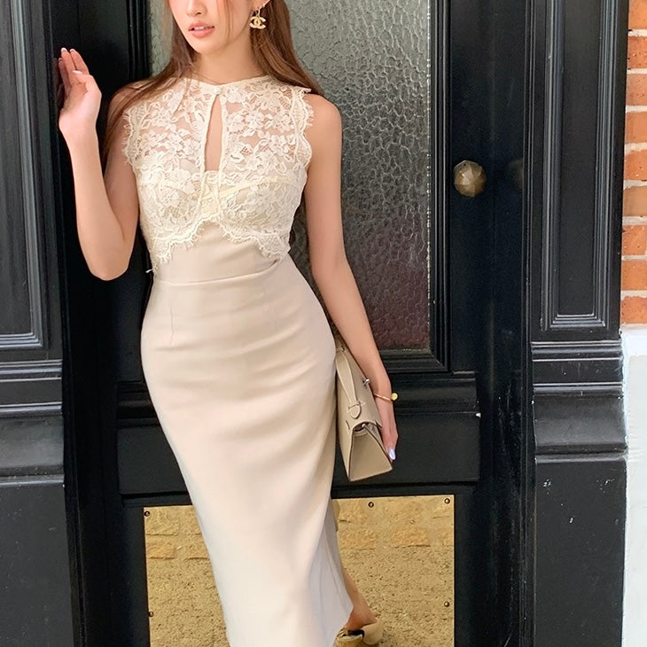 Beige Lace Front Halter Pencil Dress