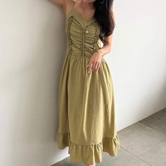 Front Triple Line Ruffle Maxi Dress